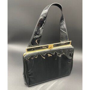 Vintage Black Patent Leather Handbag Gold Tone Memphis Cotton Carnival 1965 Card